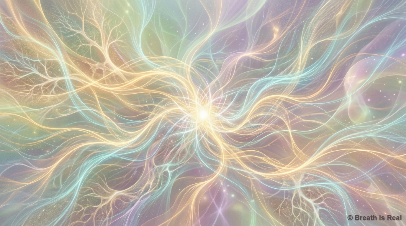Detail view of the pure awareness layer — luminous light and energy at the center of the image