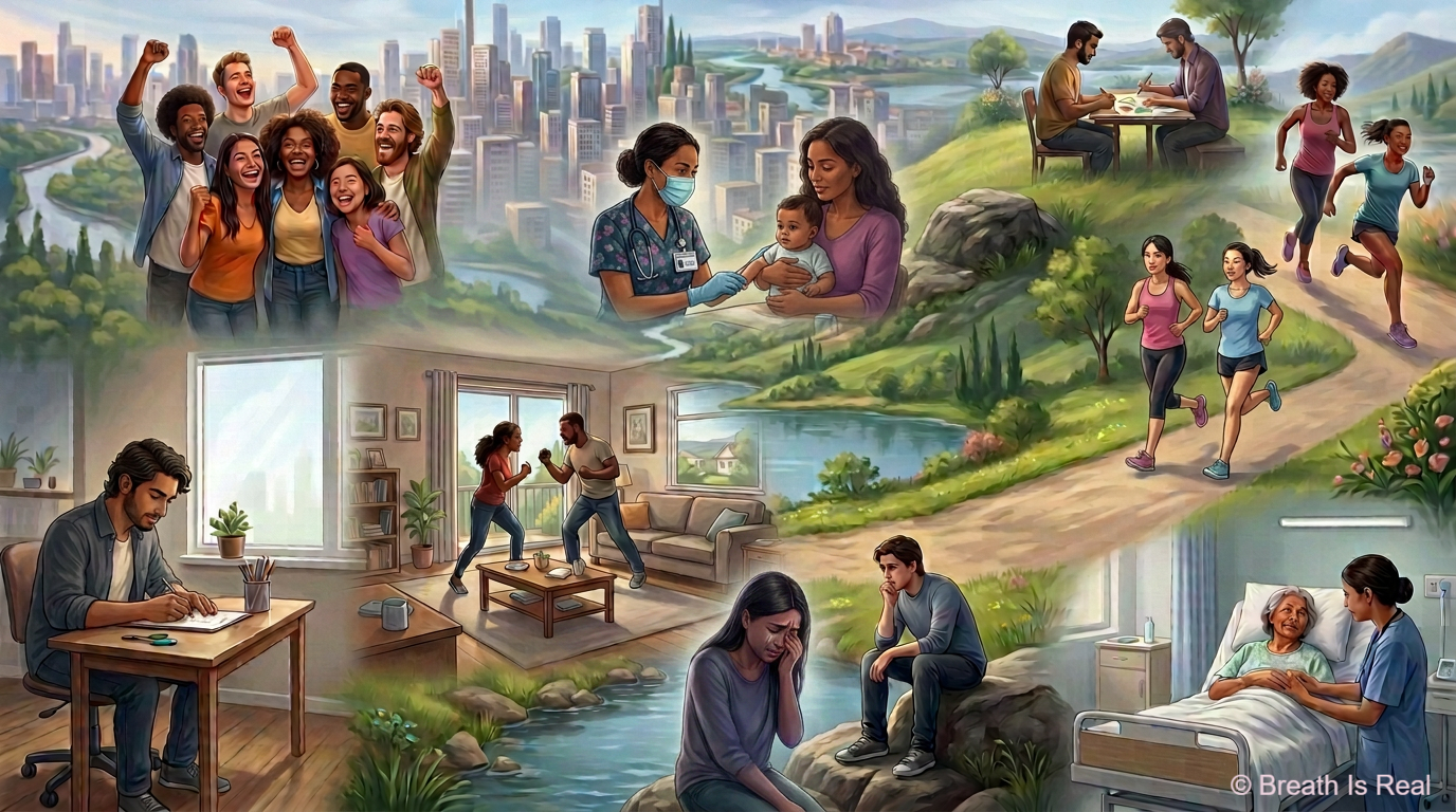 Detail view of the individual self layer — human faces and scenes of joy, grief, ambition, and contemplation