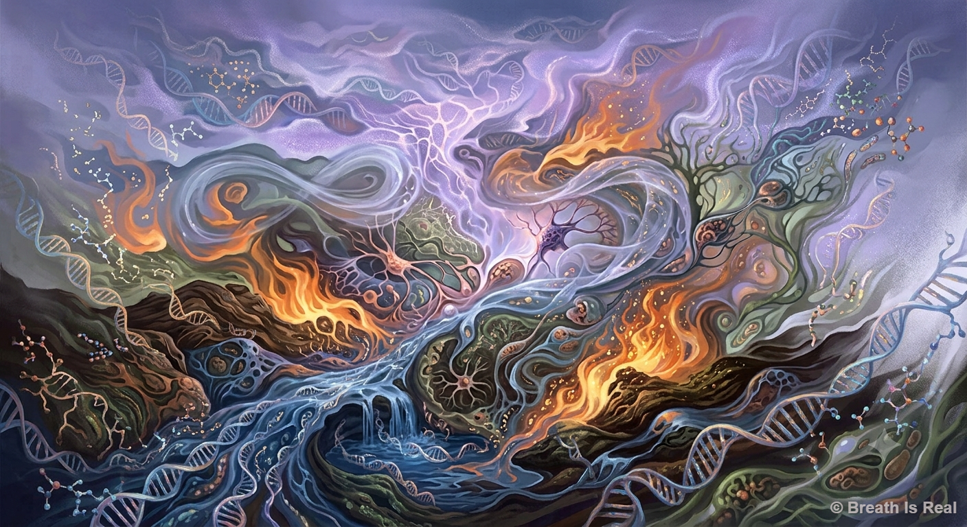 Detail view of the physical manifestation layer — biological and elemental imagery with DNA, fire, and water