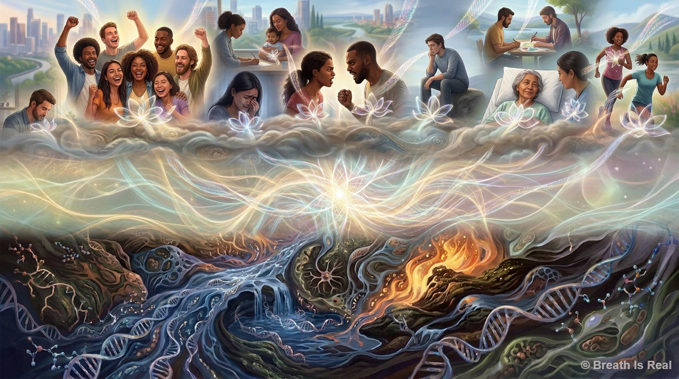 Three-layer illustration: individual selves above, luminous pure awareness at center, physical and biological elements below